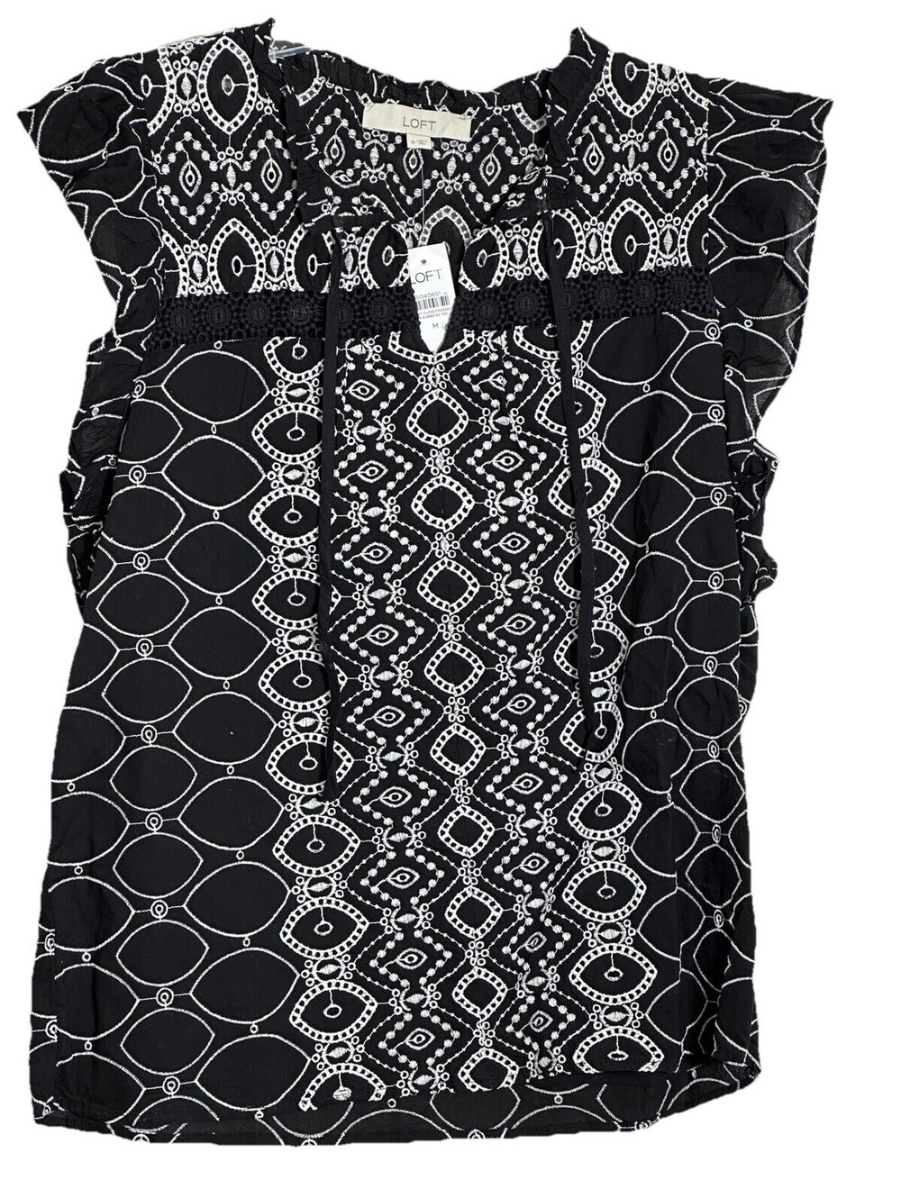 LOFT Medium Black/ White Embroidered Eyelet Ruffle Sleeveless Blouse Tie Neck